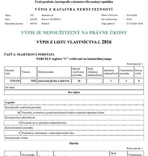 Informatívny výpis z listu vlastníctva 2816, časť A s parcelou 1234/110