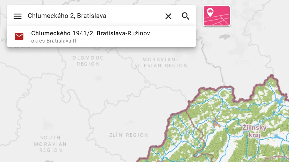 Vyhľadanie adresy v mape ZBGIS, našepkávač ponúka adresu so súpisným číslom
