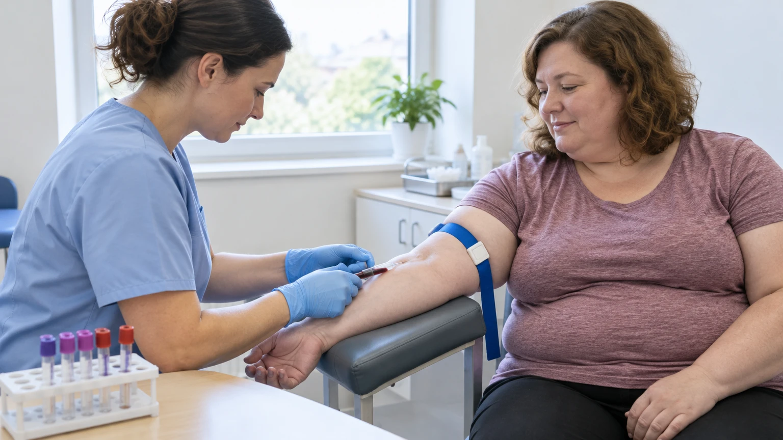 Zdravotná sestra robí pacientke odber krvi na prvej návšteve u obezitológa