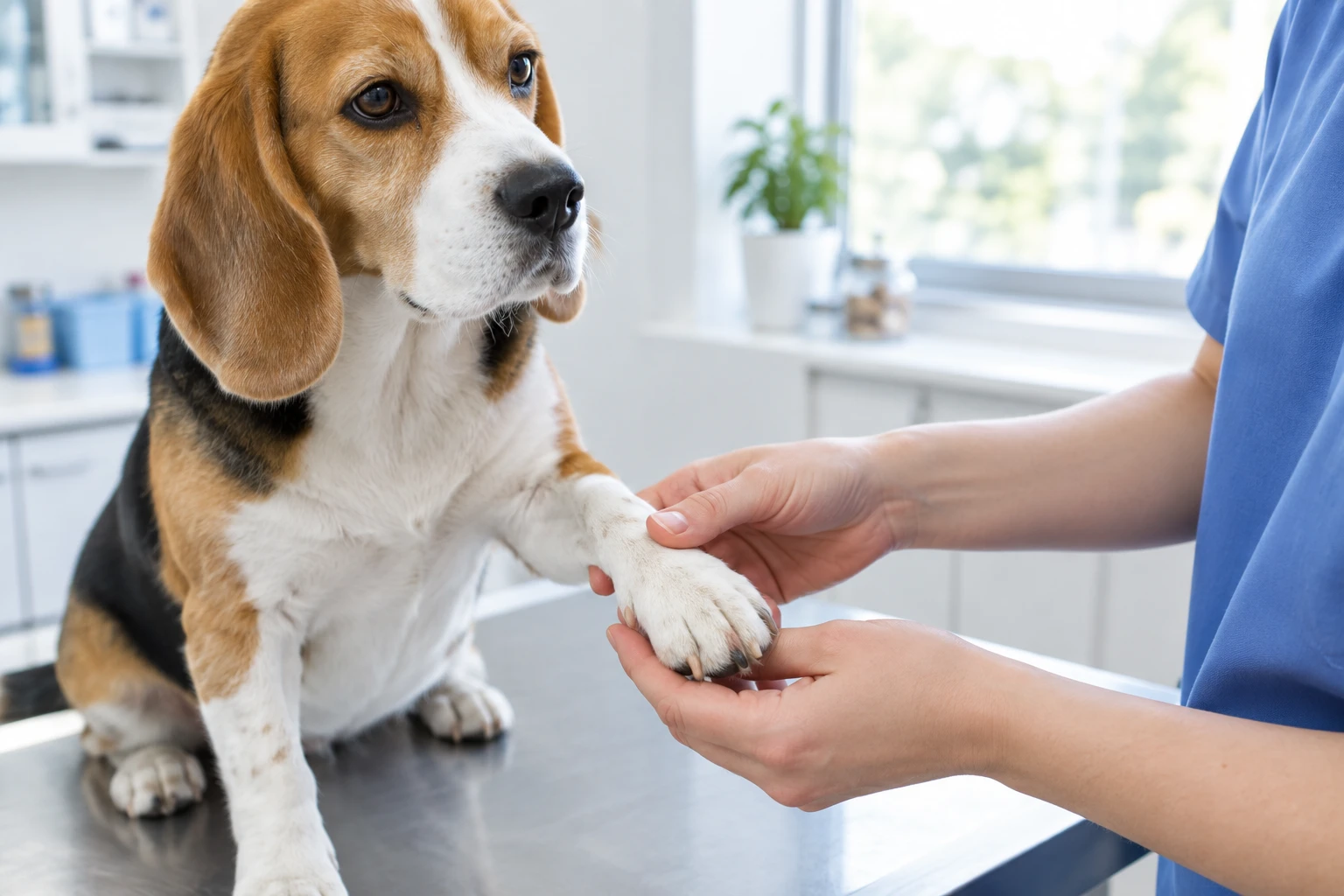 Veterinárka drží labku bígla pri vyšetrení po otrave čokoládou