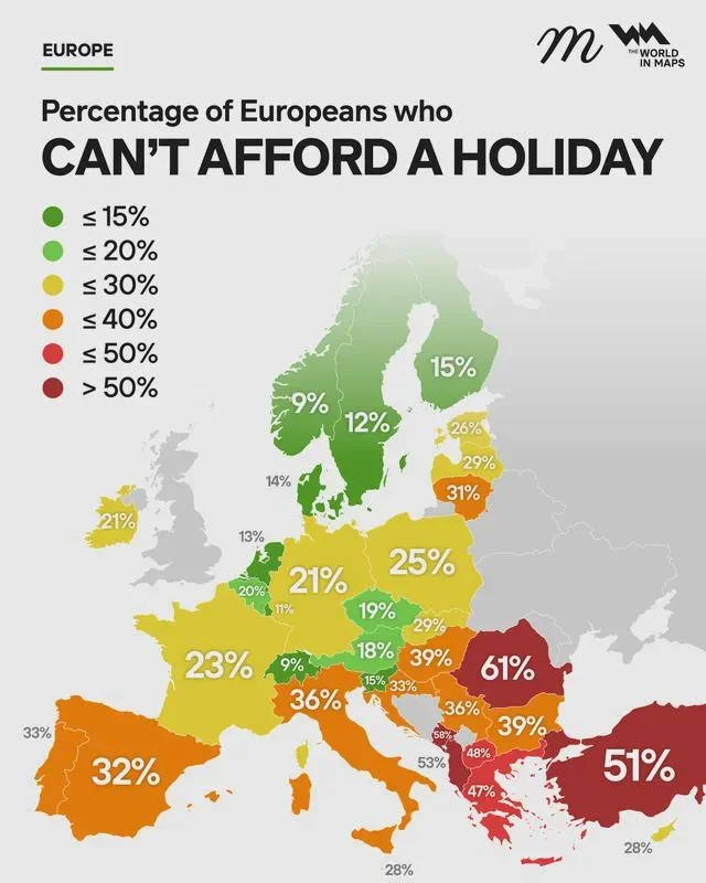 Mapa podielu obyvateľov Európy ktorí si nemôžu dovoliť dovolenku Eurostat