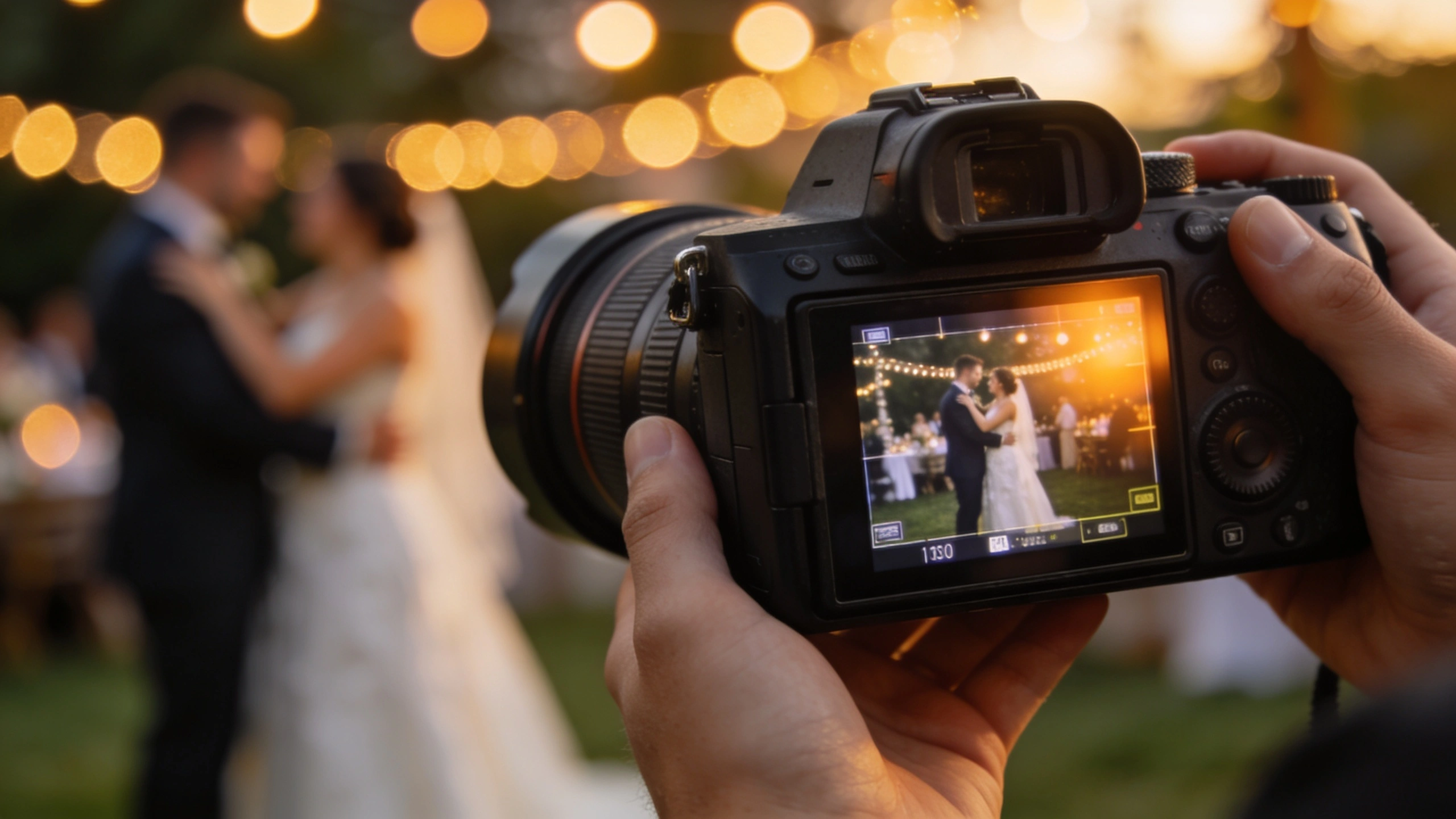 Svadobný fotograf s profesionálnym fotoaparátom a teleobjektívom fotí novomanželov pri západe slnka