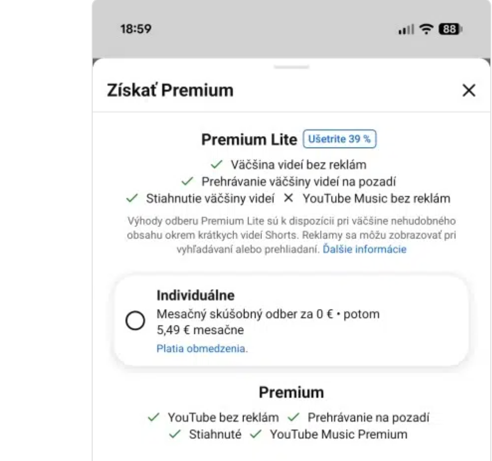 YouTube Premium Lite na slovenskom účte za 5,49 eur mesačne, o 39 percent lacnejšie ako plné Premium